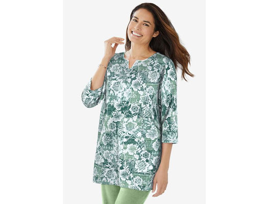 Sage Floral Patchwork Notch Neck Tunic PSW-7316