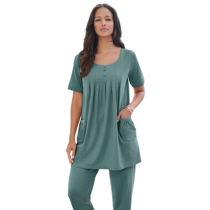 Sage Green Two Pocket Soft Knit Tunic with short sleeves, scoop neckline, and a relaxed fit for all-day comfort.