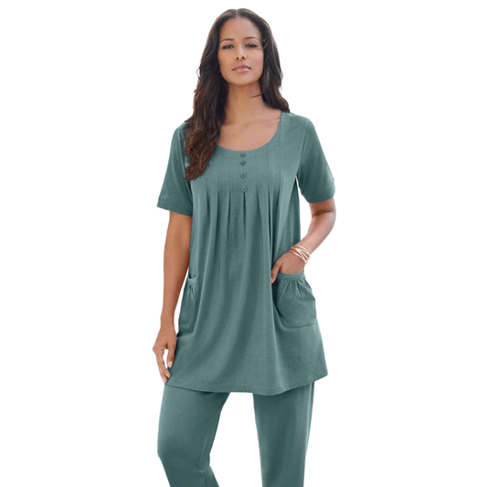 Sage Green Two Pocket Soft Knit Tunic with short sleeves, scoop neckline, and a relaxed fit for all-day comfort.