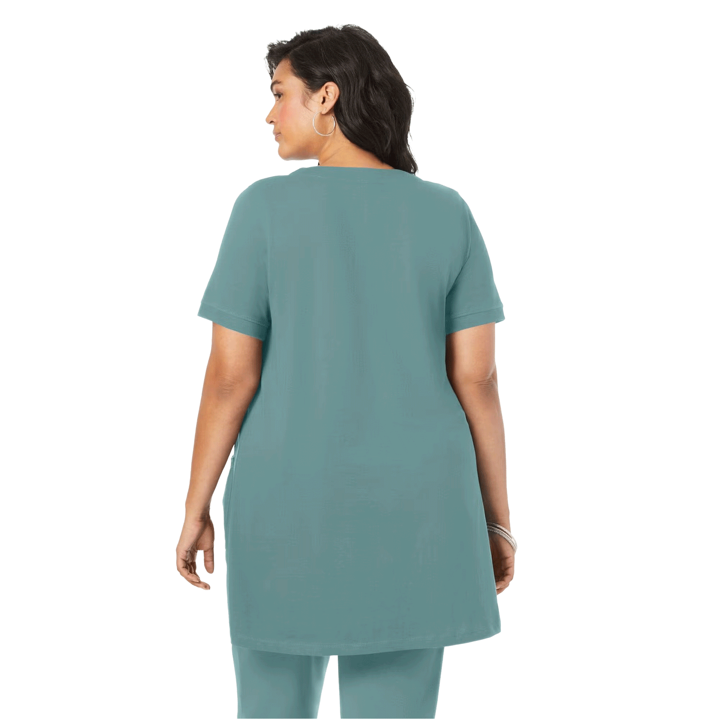Sage Green Two Pocket Soft Knit Tunic with short sleeves, scoop neckline, and a relaxed fit for all-day comfort.