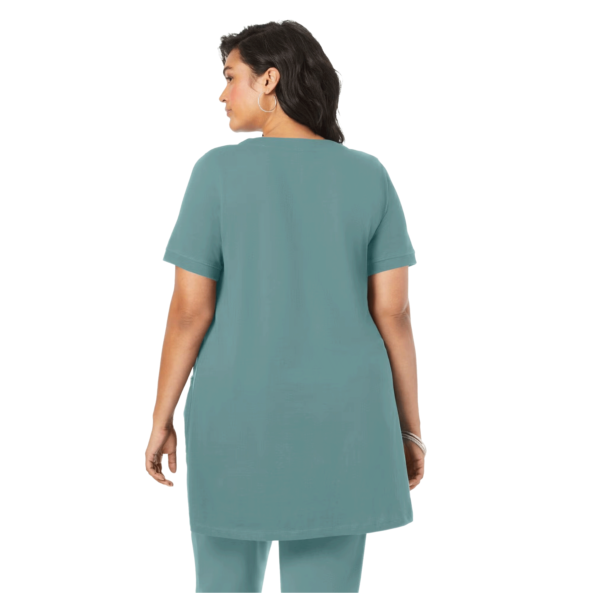 Sage Green Two Pocket Soft Knit Tunic with short sleeves, scoop neckline, and a relaxed fit for all-day comfort.