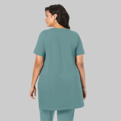 Sage Green Two Pocket Soft Knit Tunic with short sleeves, scoop neckline, and a relaxed fit for all-day comfort.
