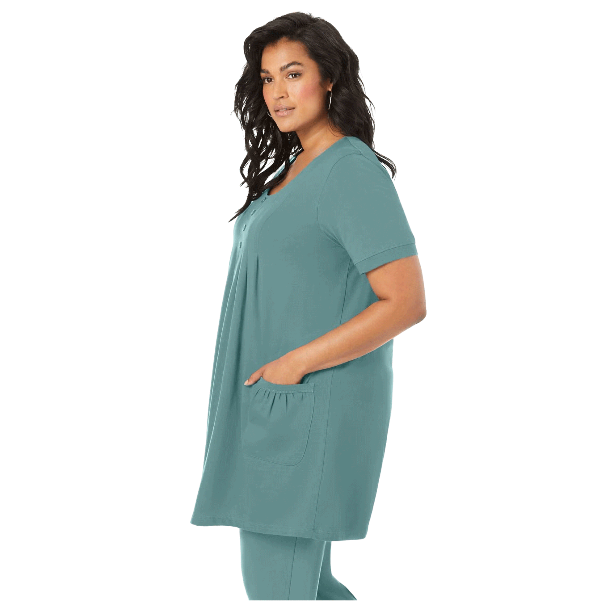 Sage Green Two Pocket Soft Knit Tunic with short sleeves, scoop neckline, and a relaxed fit for all-day comfort.