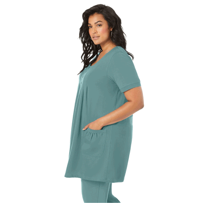Sage Green Two Pocket Soft Knit Tunic with short sleeves, scoop neckline, and a relaxed fit for all-day comfort.