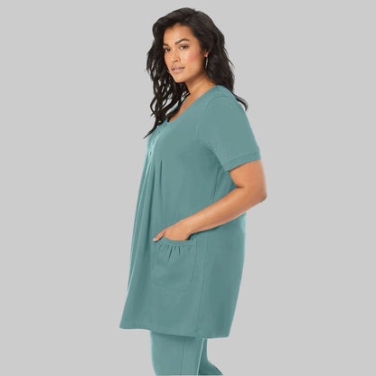 Sage Green Two Pocket Soft Knit Tunic with short sleeves, scoop neckline, and a relaxed fit for all-day comfort.