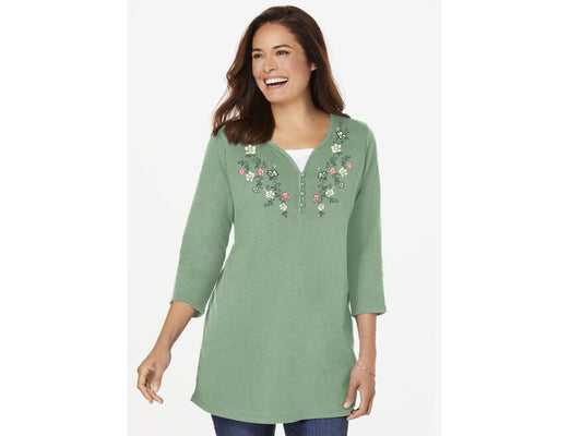 Sage Layered-Look Embroidered Henley Tunic PSW-6318