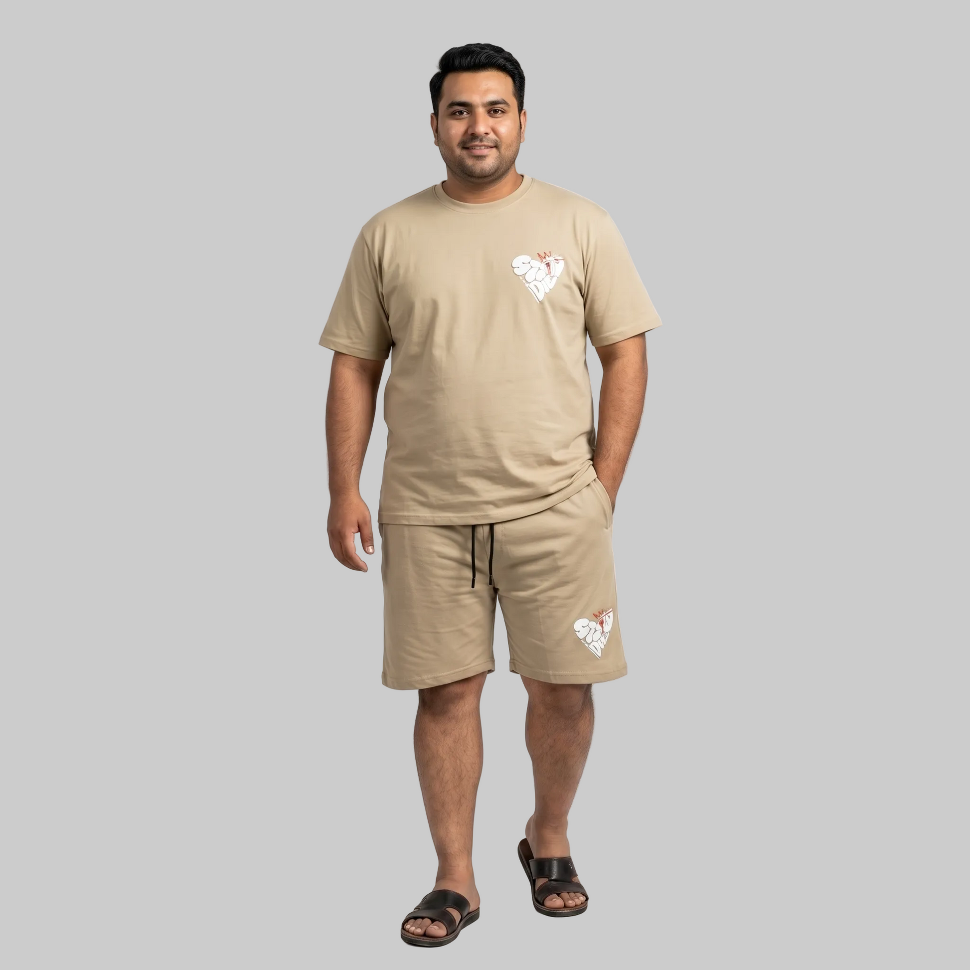 Men's Sand Beige Relax Graphic Interlock T-Shirt and Shorts Co-Ord Set with front and back print.