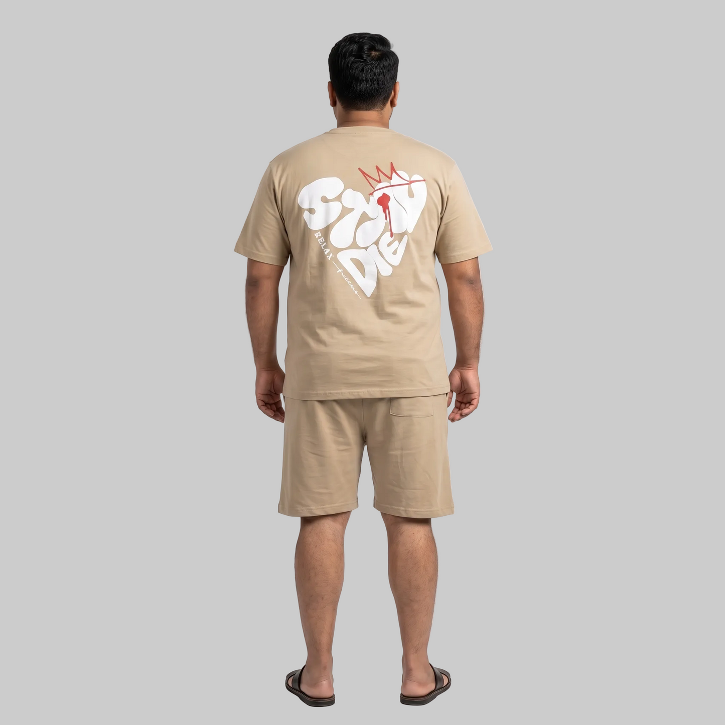 Men's Sand Beige Relax Graphic Interlock T-Shirt and Shorts Co-Ord Set with front and back print.