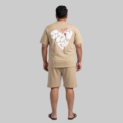 Men's Sand Beige Relax Graphic Interlock T-Shirt and Shorts Co-Ord Set with front and back print.