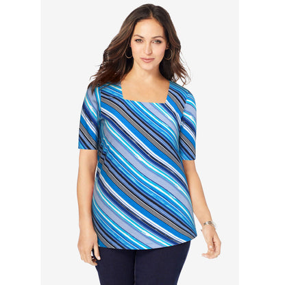 Sapphire Brushstroke Stripe Stretch Cotton Square Neck Tee PSW-8306