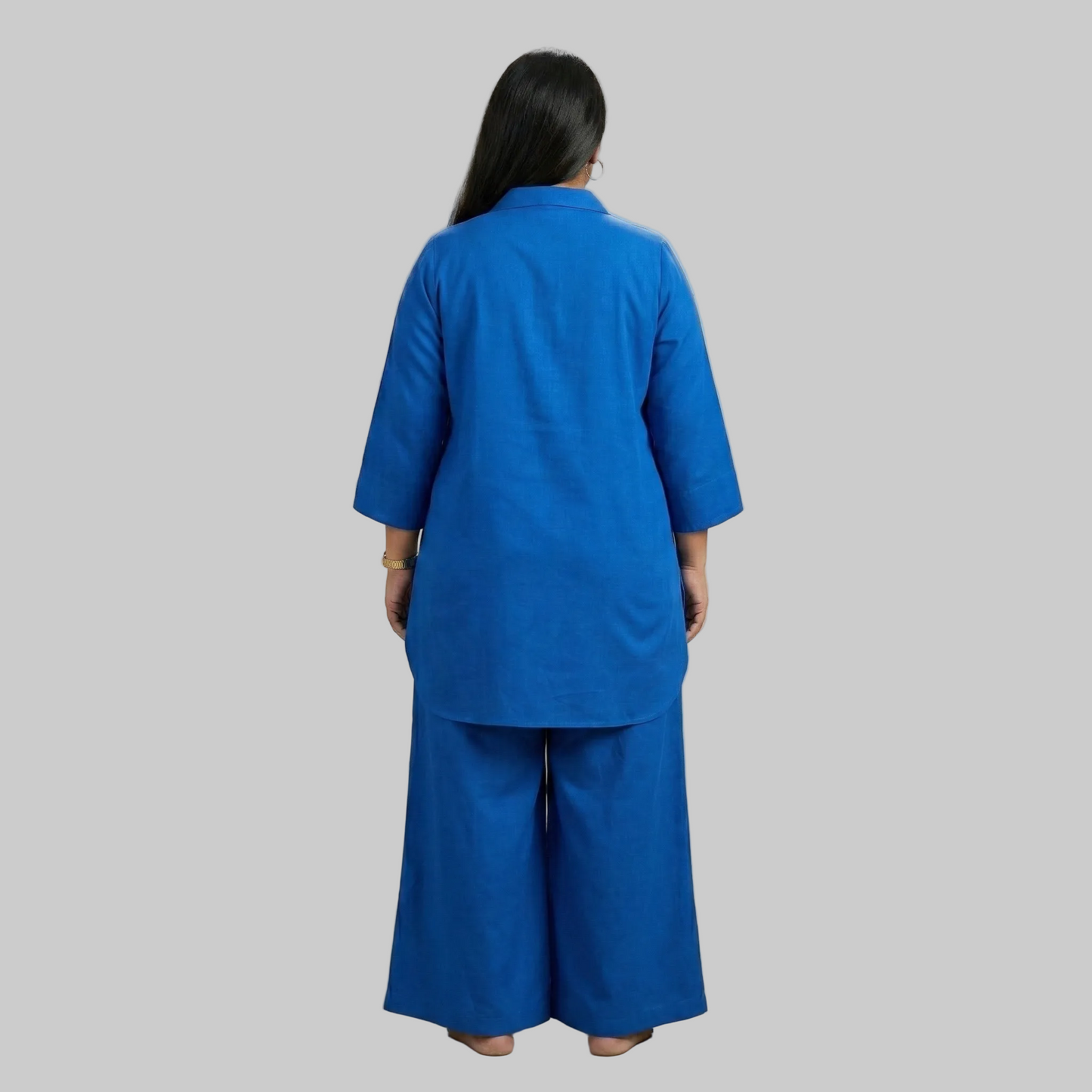 Sapphire Flow Co-Ord Set Back View – Plus Size Sapphire Blue Cotton Lawn Matching Set for Women Pakistan