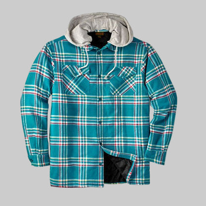 Sea green plaid removable hooded shirt jacket for men in Pakistan – front view