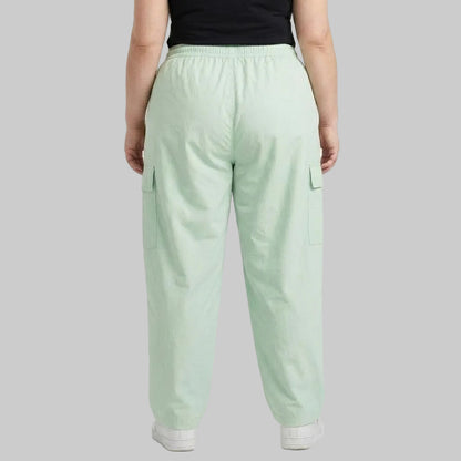 Seafoam Green Cargo Baggy Trousers in premium 98% cotton, 2% elastane twill dyed fabric featuring a relaxed baggy fit, elastic waistband, and utility cargo pockets.