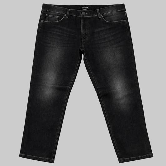 Black straight fit denim jeans with classic five-pocket design and subtle fading on a white background.