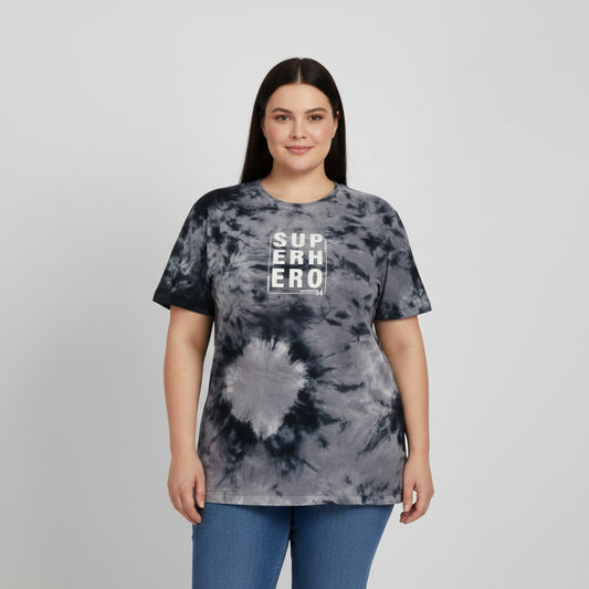 Tie-dye t-shirt with 'SUPERHERO' text on a white background