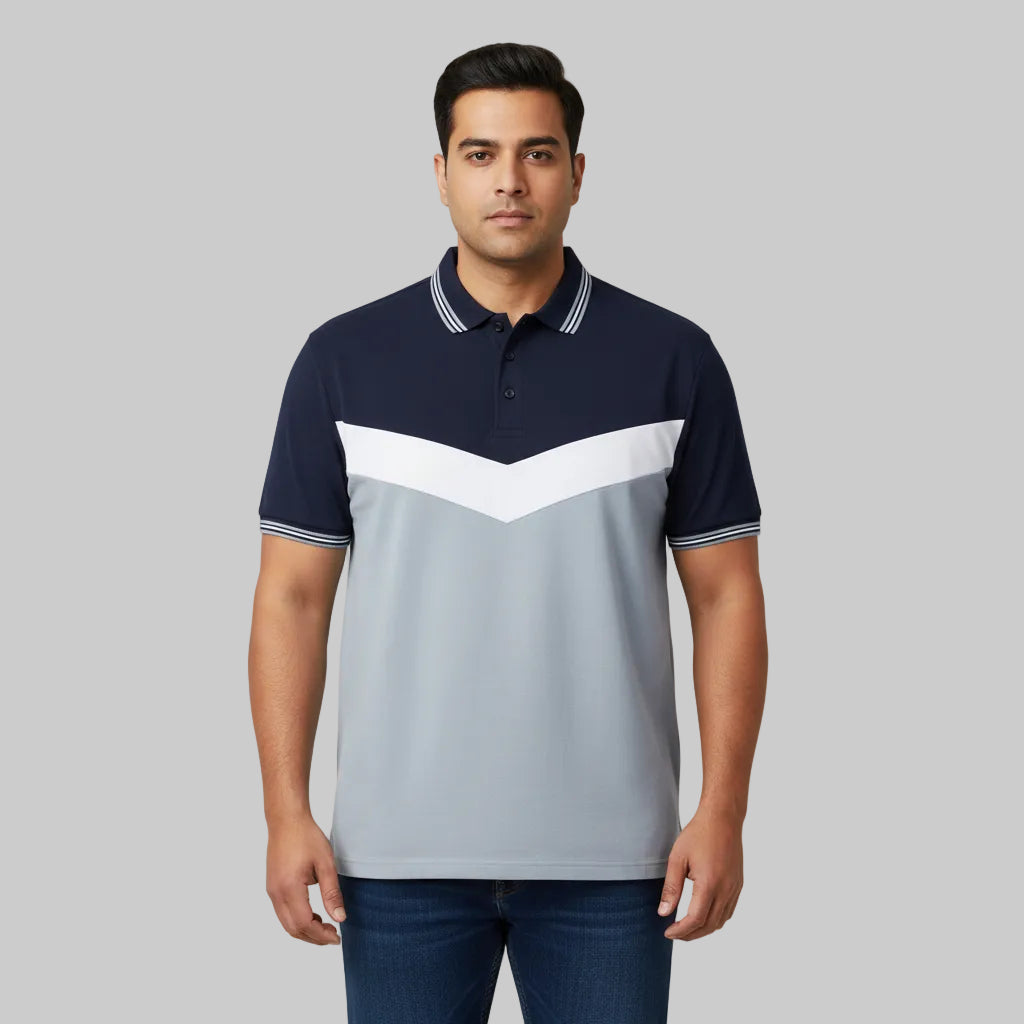 Navy and pale blue chevron polo shirt with white chest stripe and short sleeves