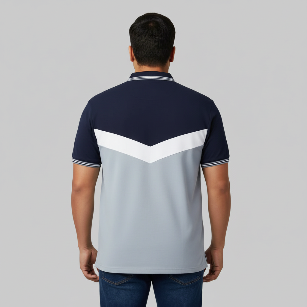 Navy and pale blue chevron polo shirt with white chest stripe and short sleeves