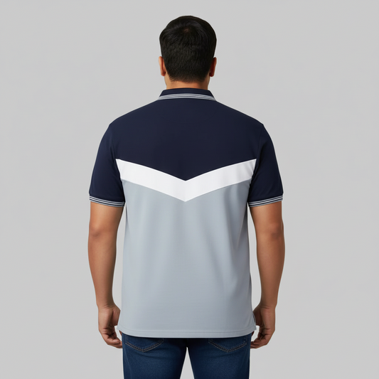 Navy and pale blue chevron polo shirt with white chest stripe and short sleeves