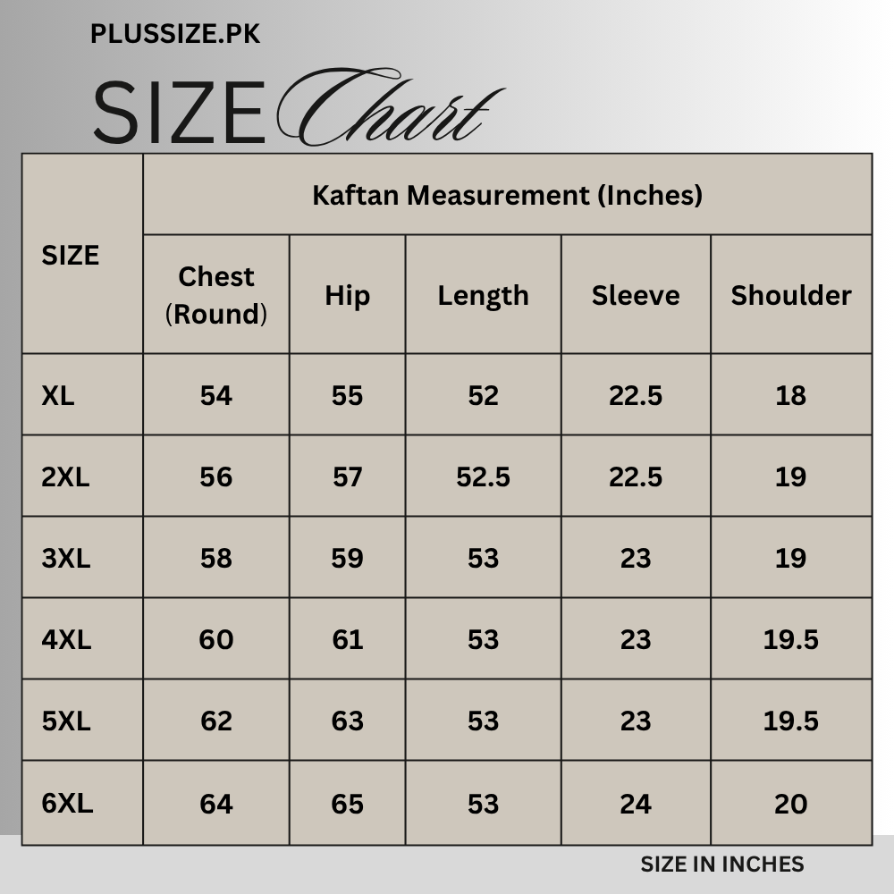 Size chart for Midnight Amethyst Silk Crepe Kaftan PSW-11035