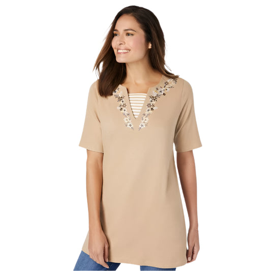 Skin Embroidered Layered-Look Tunic with Notch Neck and Elbow-Length Sleeves – PlusSize.pk

