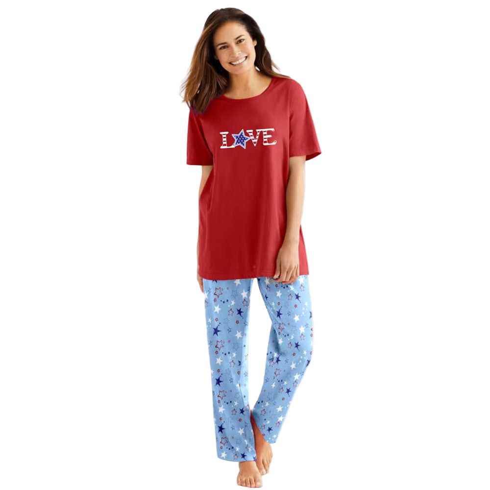 Women’s Sky Blue Americana Stars pajama set with short-sleeve graphic tee and coordinating printed elastic waist pants, made from soft breathable cotton.