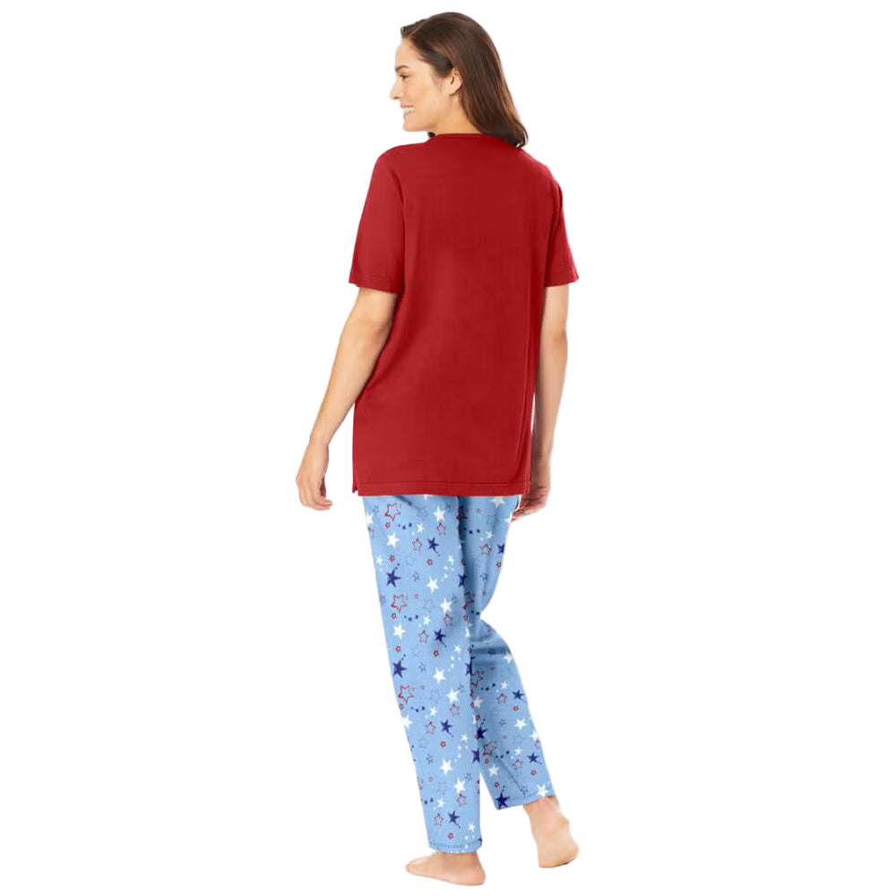 Women’s Sky Blue Americana Stars pajama set with short-sleeve graphic tee and coordinating printed elastic waist pants, made from soft breathable cotton.
