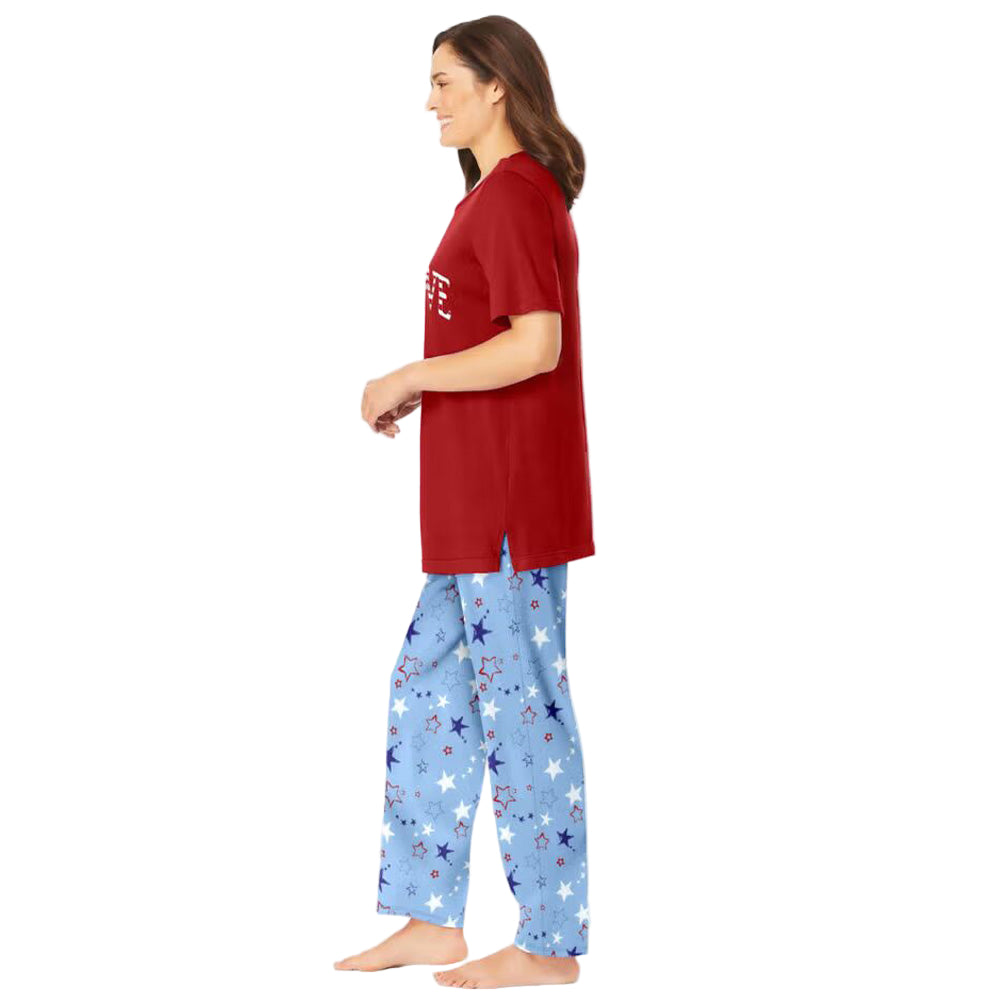 Women’s Sky Blue Americana Stars pajama set with short-sleeve graphic tee and coordinating printed elastic waist pants, made from soft breathable cotton.
