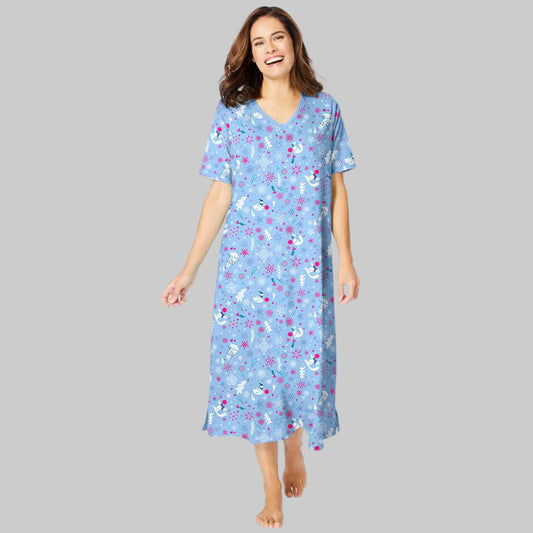 Sky Blue Winter long print sleepshirt with short sleeves, V-neckline, and side slits, made from pure cotton for women’s cozy nightwear.