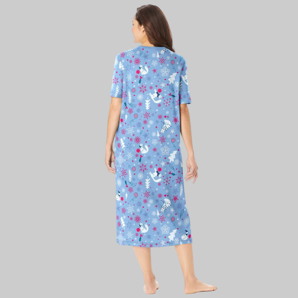 Sky Blue Winter long print sleepshirt with short sleeves, V-neckline, and side slits, made from pure cotton for women’s cozy nightwear.