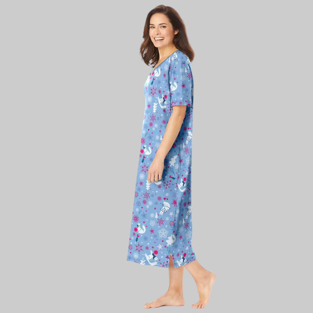 Sky Blue Winter long print sleepshirt with short sleeves, V-neckline, and side slits, made from pure cotton for women’s cozy nightwear.