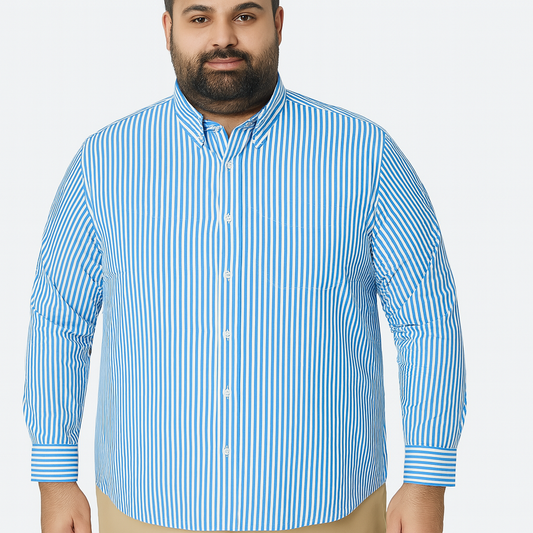 Sky Blue Vertical Stripe Plus Size Cotton Shirt PSM-9871