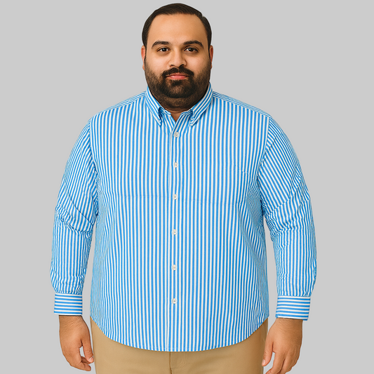 Sky Blue Vertical Stripe Plus Size Cotton Shirt PSM-9871