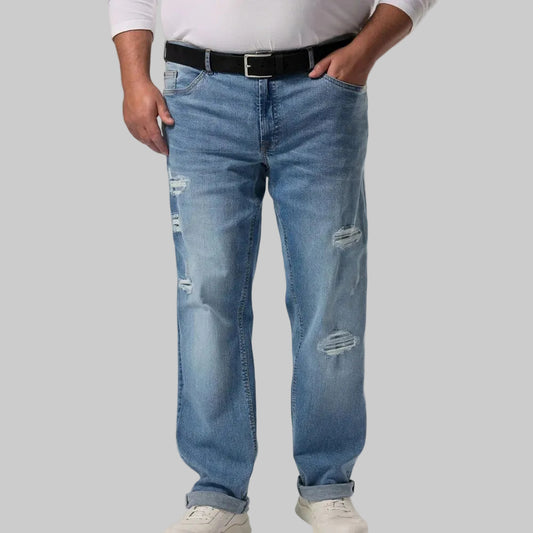 SkyRift Light Wash Distressed Denim Pants in a light blue wash, featuring a straight fit with subtle ripped detailing on the thighs and knees, classic five-pocket style, zip fly with button closure, and a casual everyday denim look