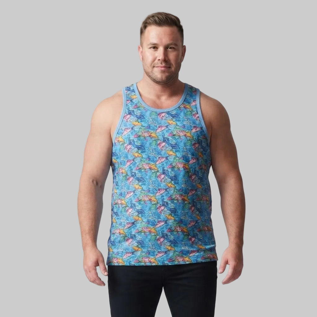 Sky Blue Abstract Print Sleeveless Tank made from soft jersey cotton with a colorful abstract pattern, shown from the front on a male model.