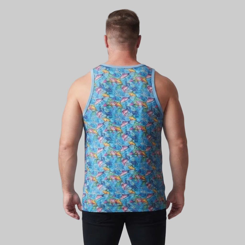 Sky Blue Abstract Print Sleeveless Tank made from soft jersey cotton with a colorful abstract pattern, shown from the front on a male model.