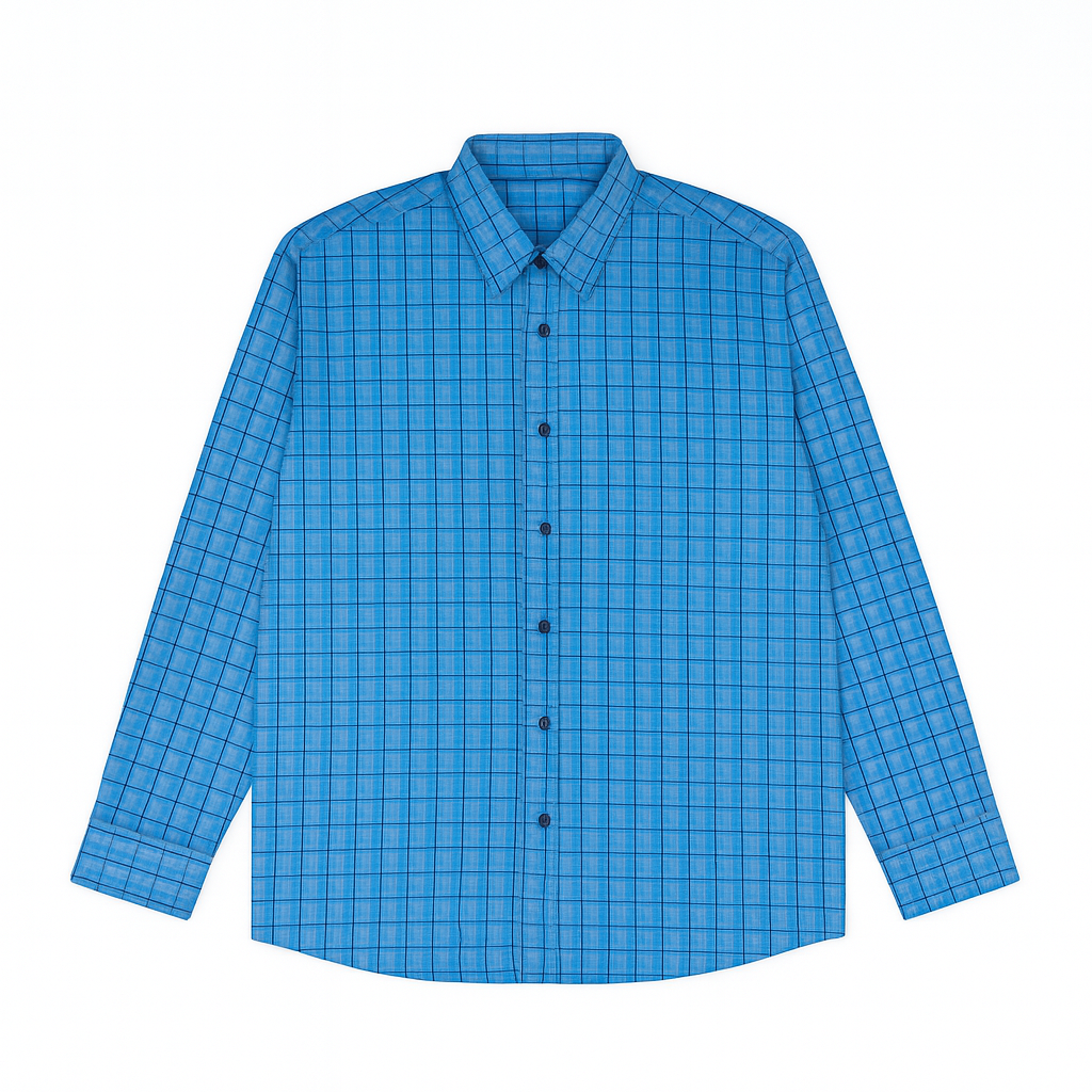 Sky blue checkered button-down casual shirt for plus size men, long sleeves, flat lay on white background