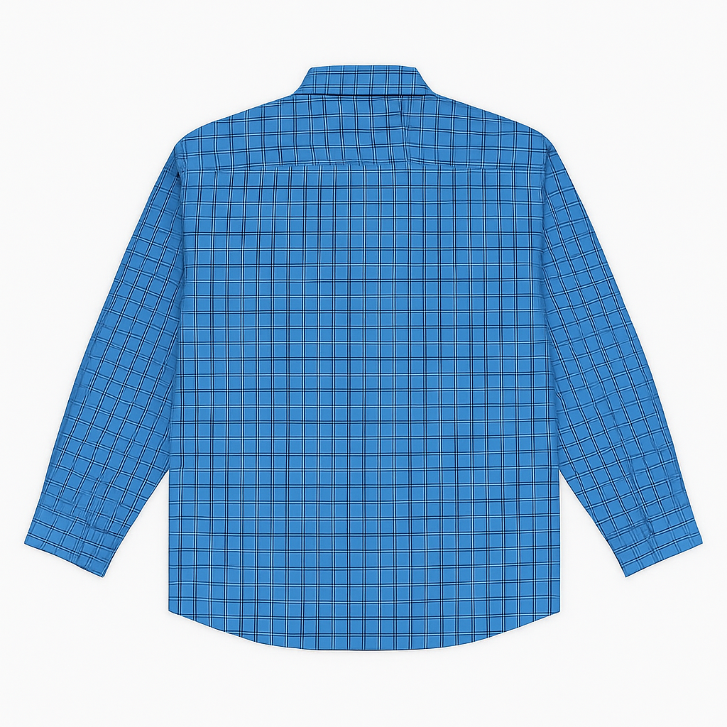 Sky blue checkered button-down casual shirt for plus size men, long sleeves, flat lay on white background