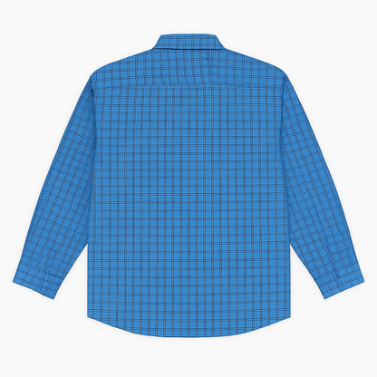 Sky blue checkered button-down casual shirt for plus size men, long sleeves, flat lay on white background