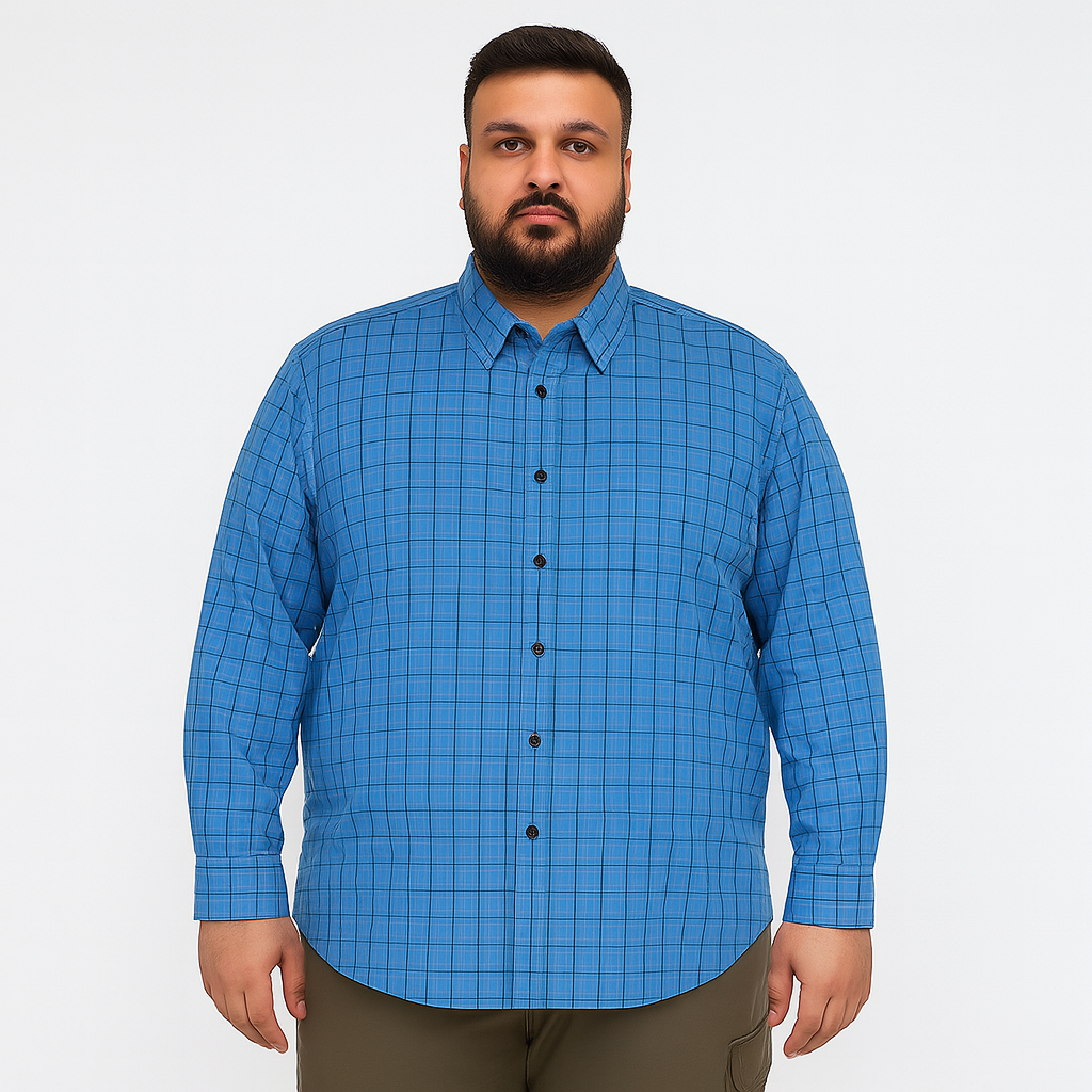 Sky blue checkered button-down casual shirt for plus size men, long sleeves, flat lay on white background