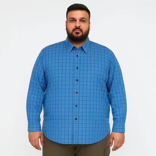 Sky blue checkered button-down casual shirt for plus size men, long sleeves, flat lay on white background