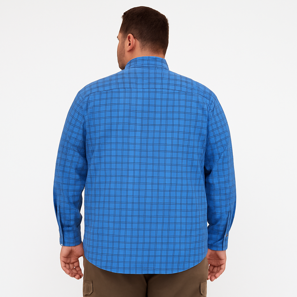 Sky blue checkered button-down casual shirt for plus size men, long sleeves, flat lay on white background