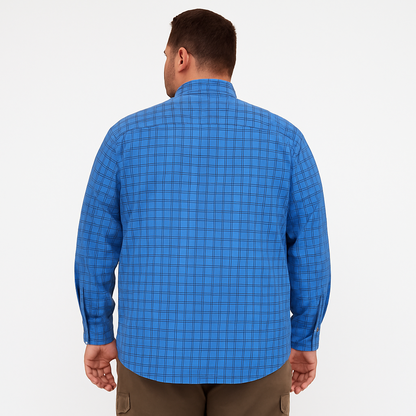 Sky blue checkered button-down casual shirt for plus size men, long sleeves, flat lay on white background
