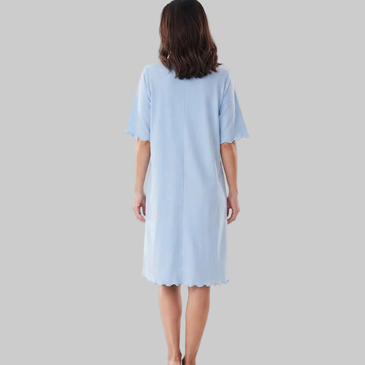 Women's Sky Blue Dream Satin Trim B Grade Sleepshirt made from soft jersey fabric with satin trim, relaxed fit, and comfortable long-length design, front view.