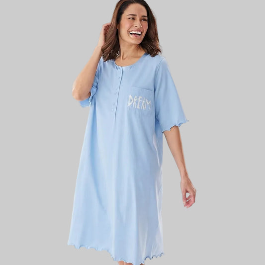 Women's Sky Blue Dream Satin Trim B Grade Sleepshirt made from soft jersey fabric with satin trim, relaxed fit, and comfortable long-length design, front view.