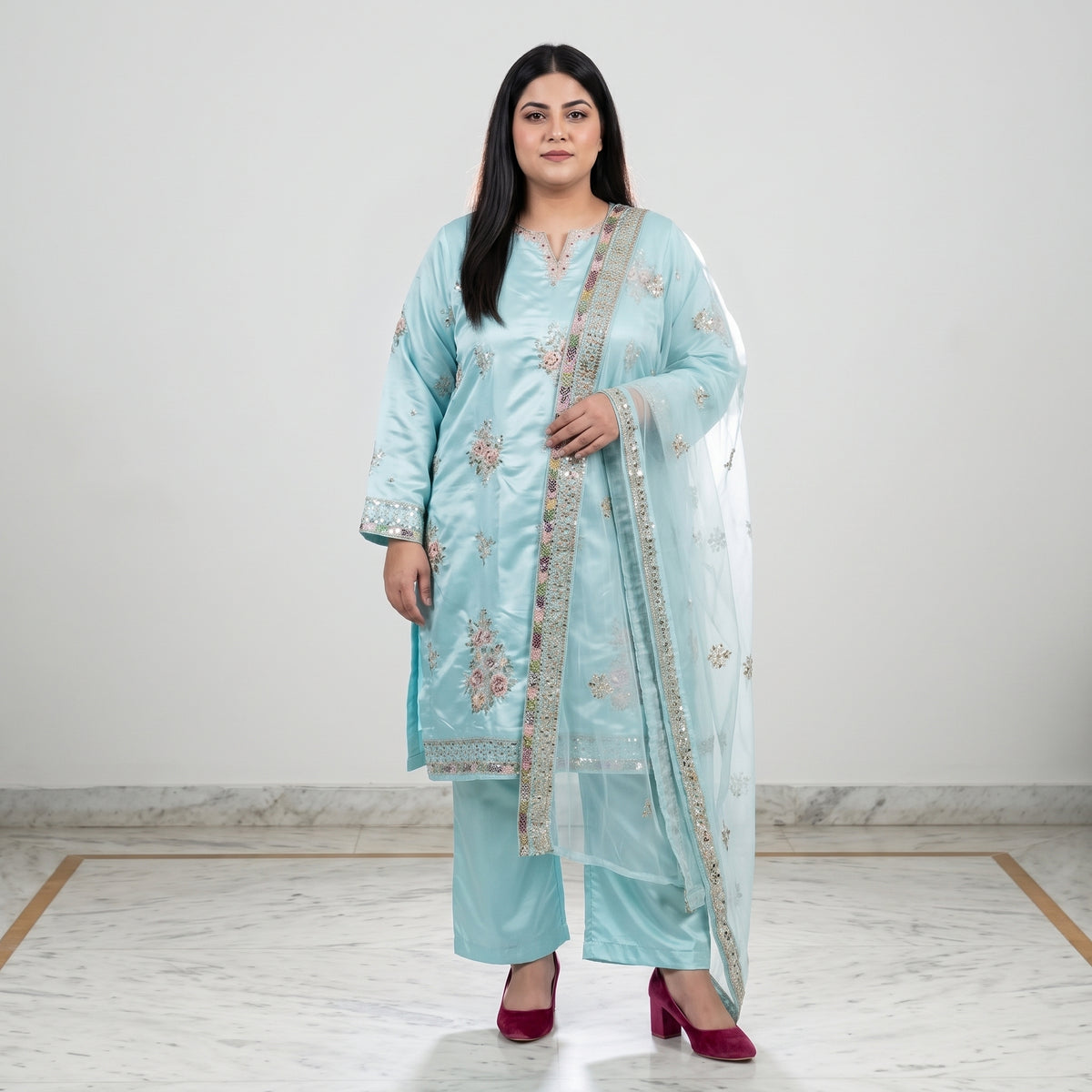 Sky Blue Embroidered Katan Silk 3-Piece Suit for Women 