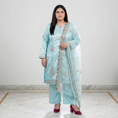 Sky Blue Embroidered Katan Silk 3-Piece Suit for Women 