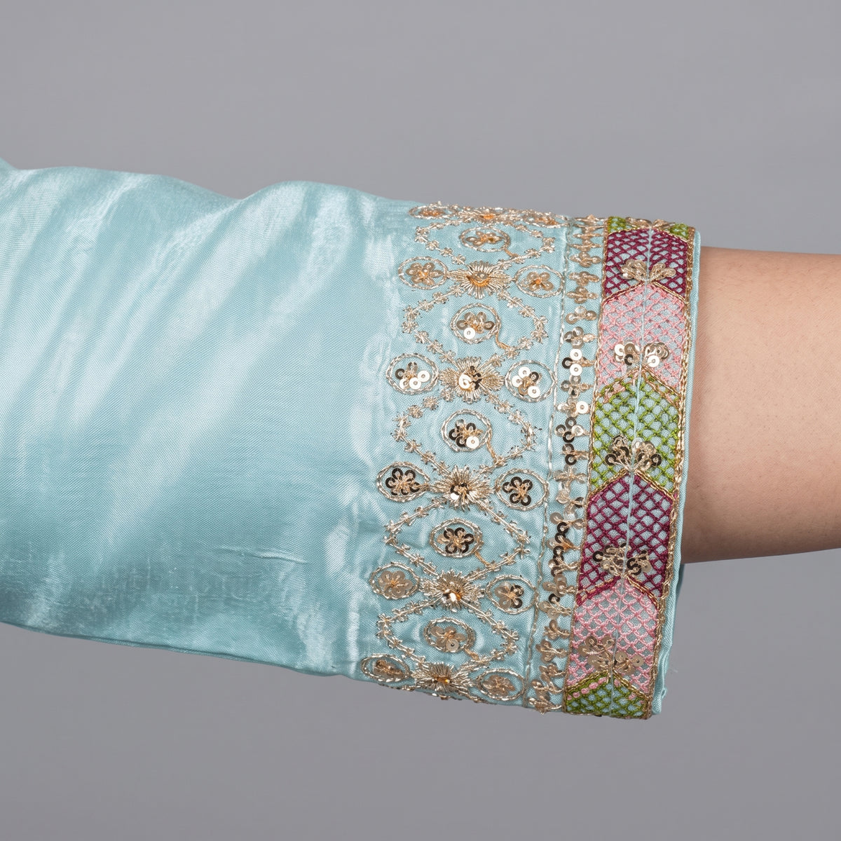 Sky Blue Embroidered Katan Silk 3-Piece Suit for Women