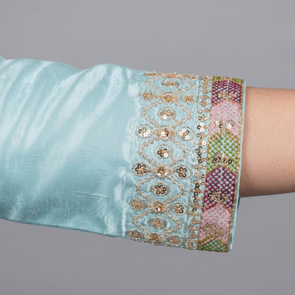 Sky Blue Embroidered Katan Silk 3-Piece Suit for Women