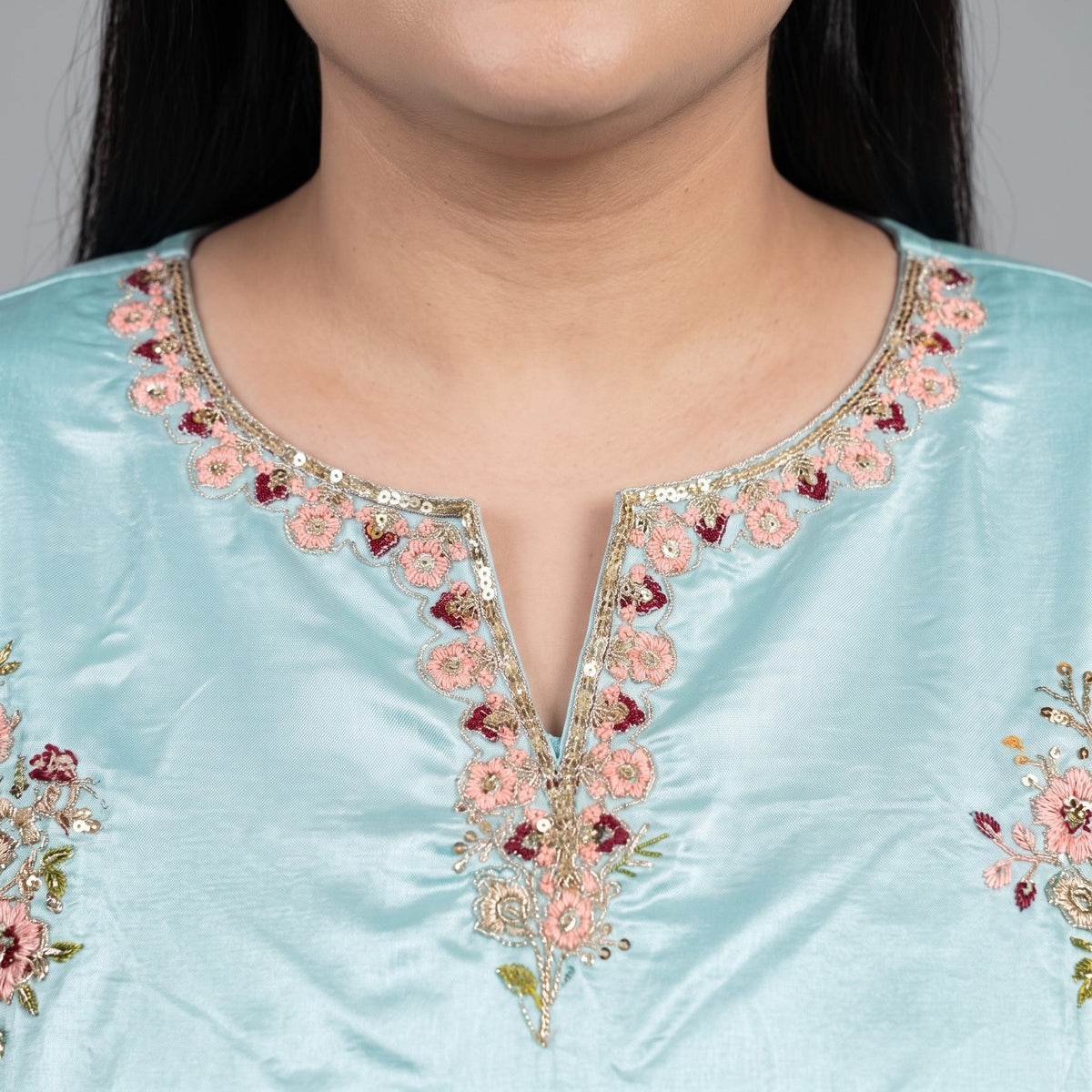 Sky Blue Embroidered Katan Silk 3-Piece Suit for Women 