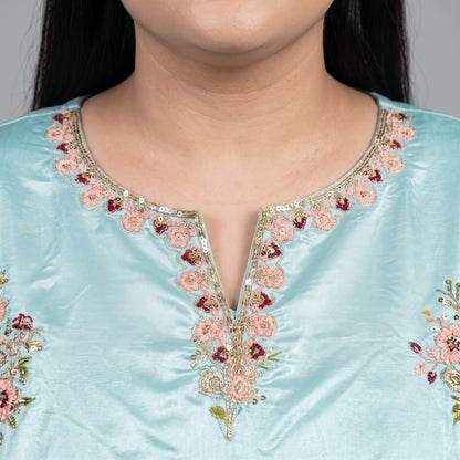 Sky Blue Embroidered Katan Silk 3-Piece Suit for Women 